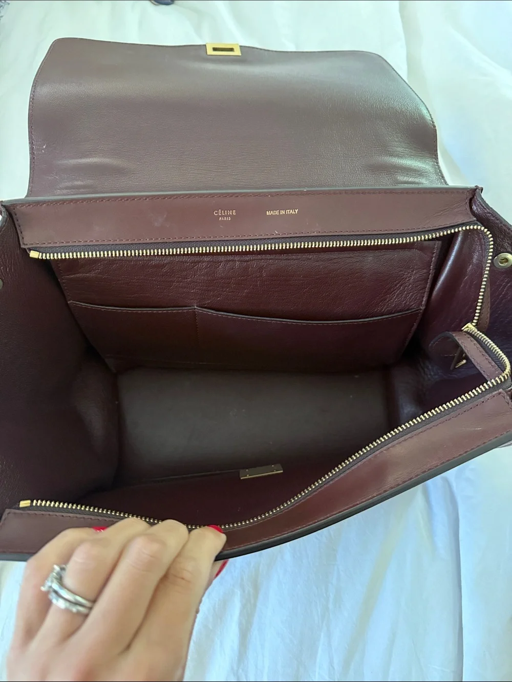 Burgundy Celine Leather and Suede Shoulder Bag with Gold Hardware